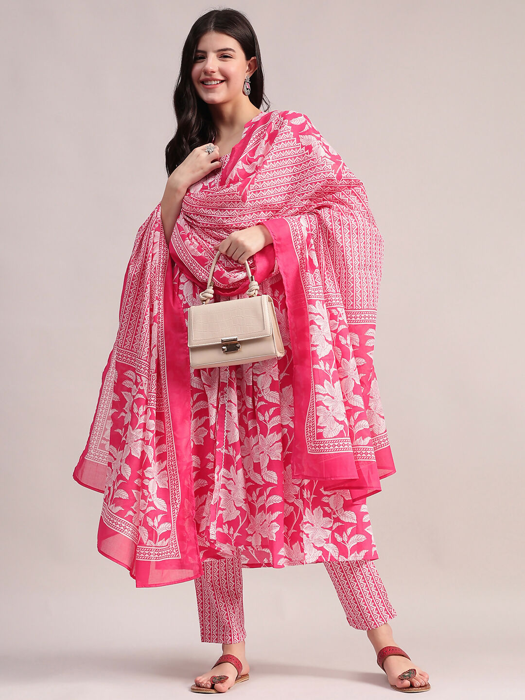 Aavyora Women's Pink Floral Cotton Kurta with Lace Detailing, with Trouser & Dupatta | Grocsy
