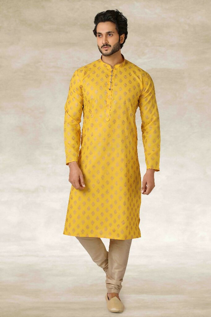 Raivat Ethnic Cotton Printed Work Kurta Pajama In Yellow Colour | Grocsy