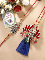 NVR Women & Men Set of 2 Gold-Toned Peacock Design Stone-Studded Bhaiya Bhabhi Rakhi With Roli Chawal & Chocolate | Grocsy