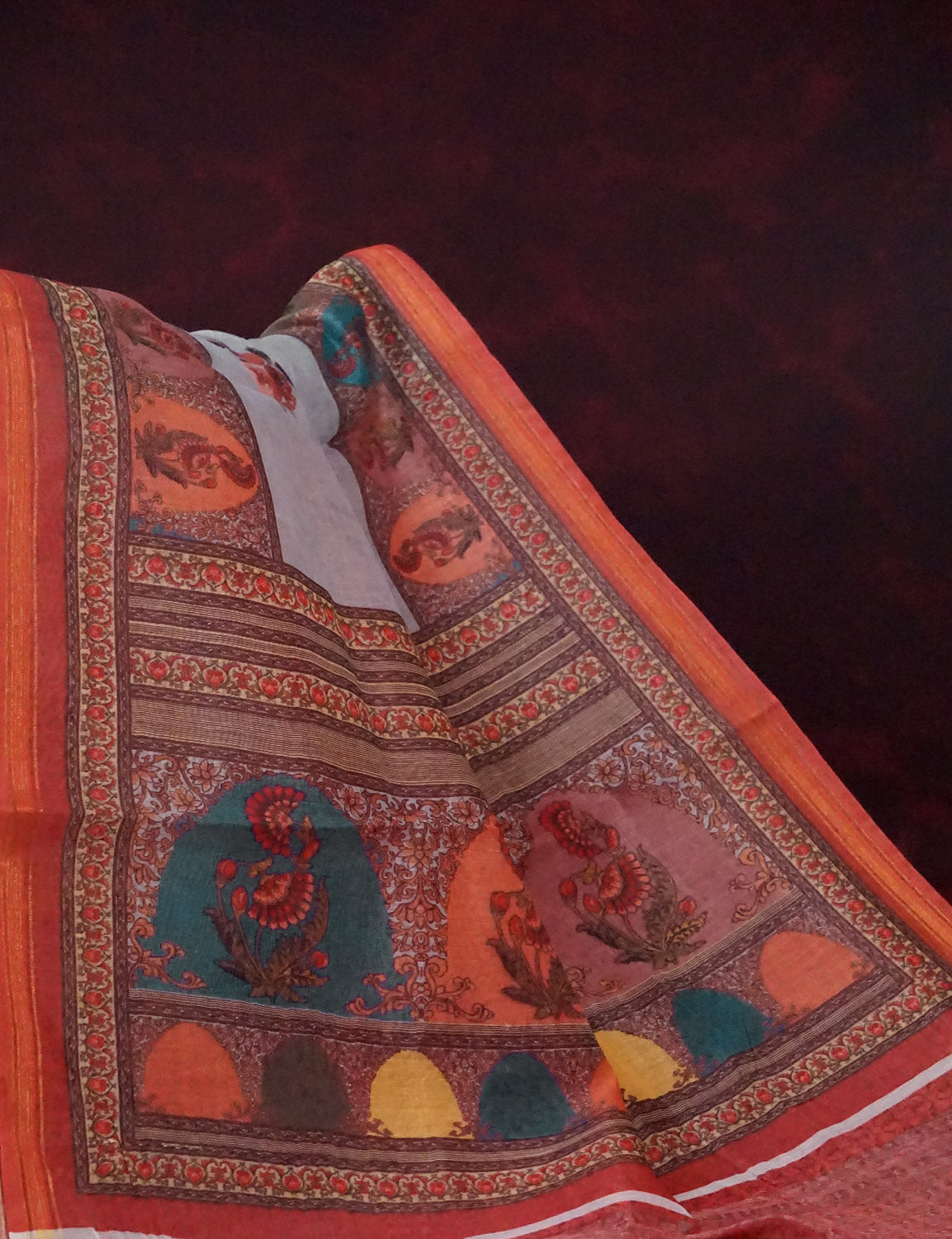 Mix of Grey and Orange Floral Print Semi Chanderi Saree By Gayathri Reddy Designer Studio | Grocsy