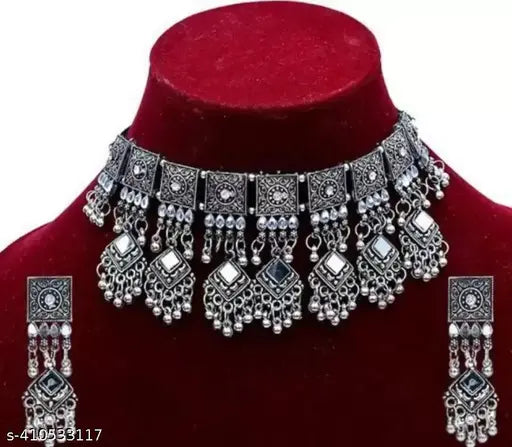 Tehzeeb Creations Women's Silver Colour Oxidised Necklace Set With Mirror Work | Grocsy