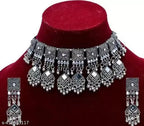 Tehzeeb Creations Women's Silver Colour Oxidised Necklace Set With Mirror Work | Grocsy