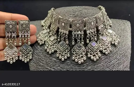 Tehzeeb Creations Women's Silver Colour Oxidised Necklace Set With Mirror Work | Grocsy