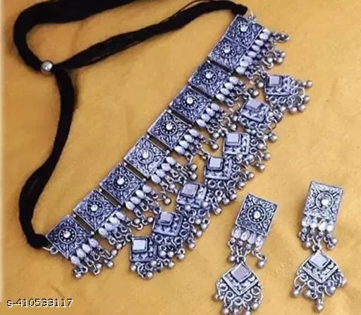Tehzeeb Creations Women's Silver Colour Oxidised Necklace Set With Mirror Work | Grocsy