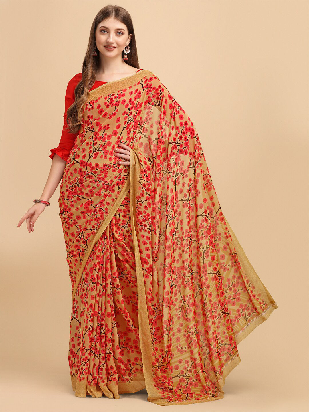 Sangria Beige & Peach-Coloured Floral Printed Georgette Saree | Grocsy