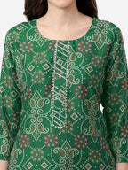 HERE&NOW Women Green Bandhani Printed Gotta Patti Pure Silk Kurta with Trousers | Grocsy