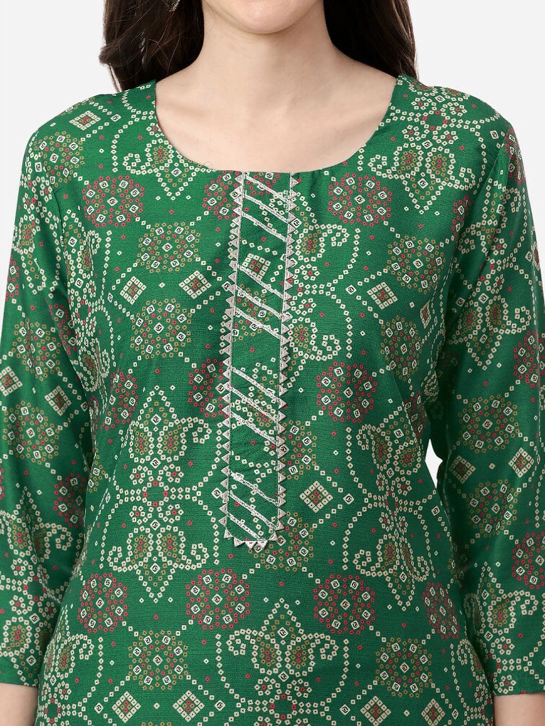 HERE&NOW Women Green Bandhani Printed Gotta Patti Pure Silk Kurta with Trousers | Grocsy