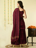 Myshka Women's Magenta Velvet Kurti & Sharara With Dupatta Party Sets | Grocsy