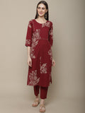 Sangria Women Maroon Floral Printed Pure Cotton Straight Kurta with Trousers | Grocsy