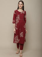 Sangria Women Maroon Floral Printed Pure Cotton Straight Kurta with Trousers | Grocsy
