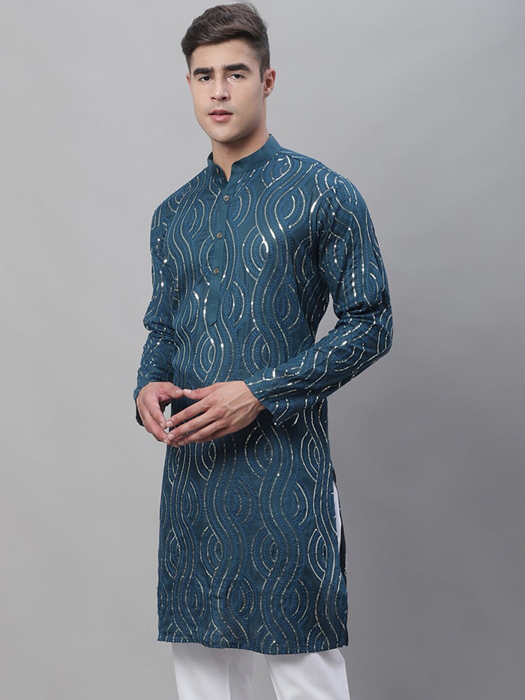Sojanya Ethnic Motifs Embroidered Sequinned Pure Cotton Kurta | Grocsy