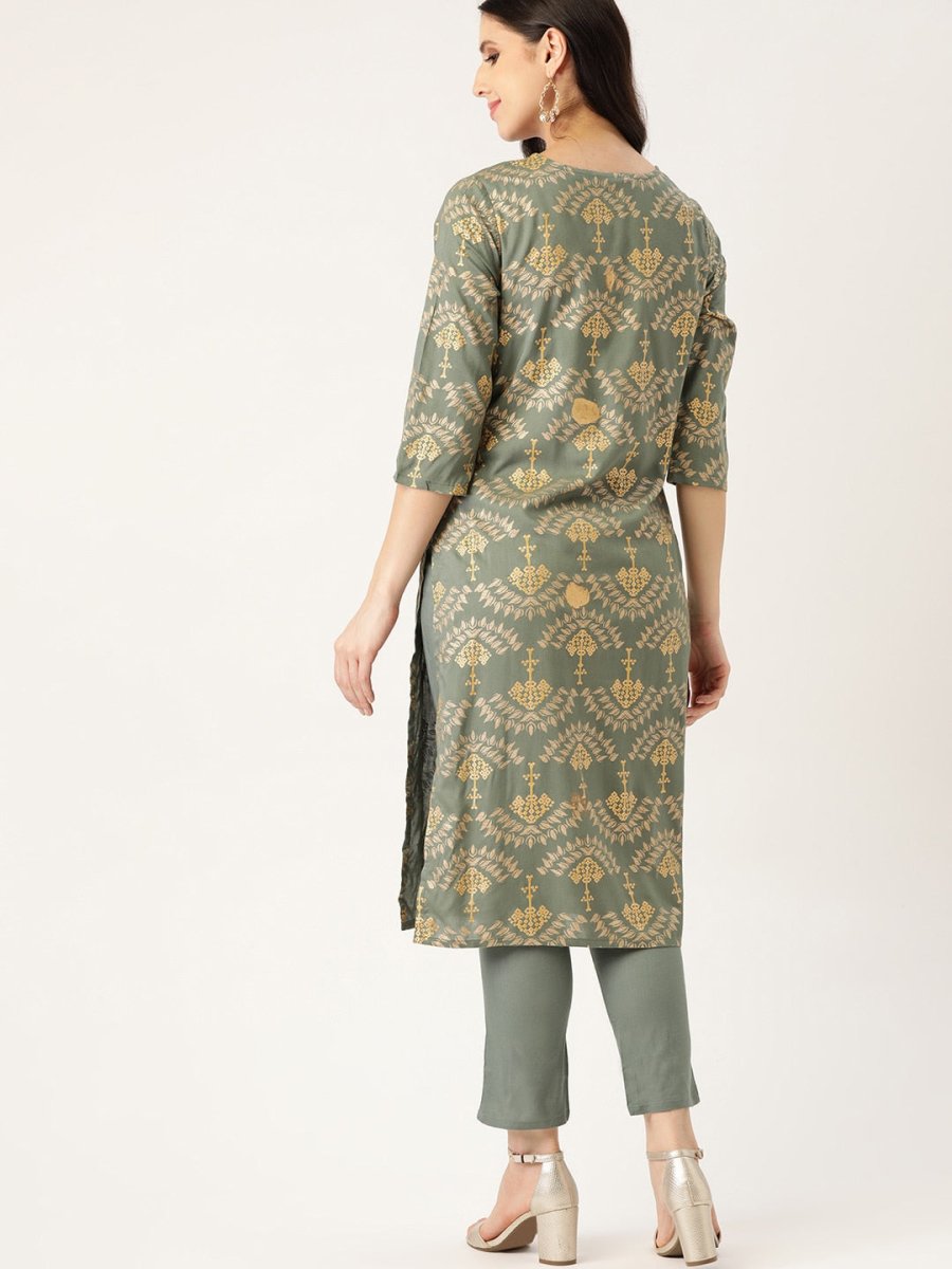 All About You Women Grey & Golden Ethnic Motifs Print Kurta with Trousers | Grocsy