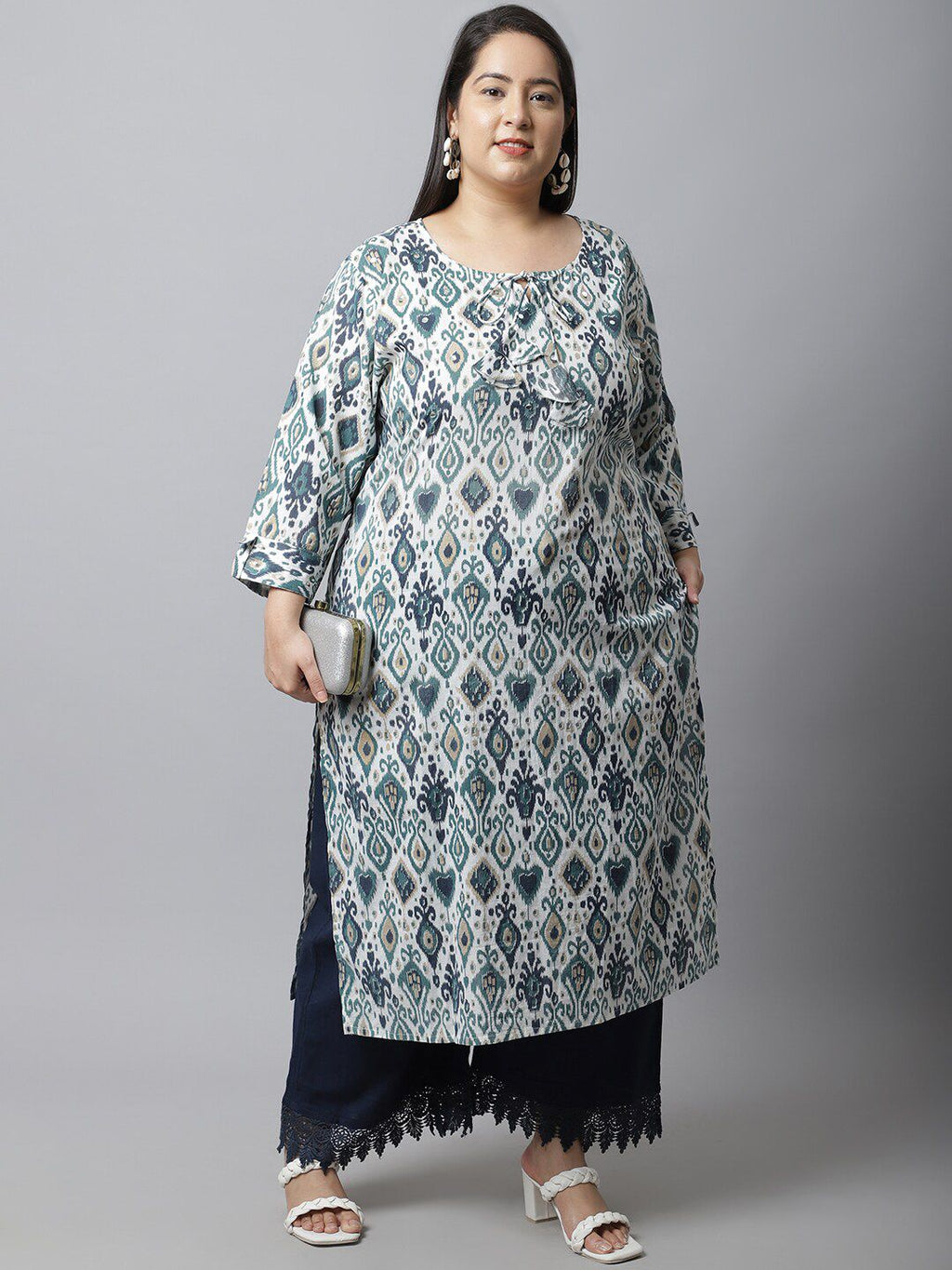 TAG 7 Women Navy Blue Linen Plus Size Lace Ethnic Palazzos | Grocsy