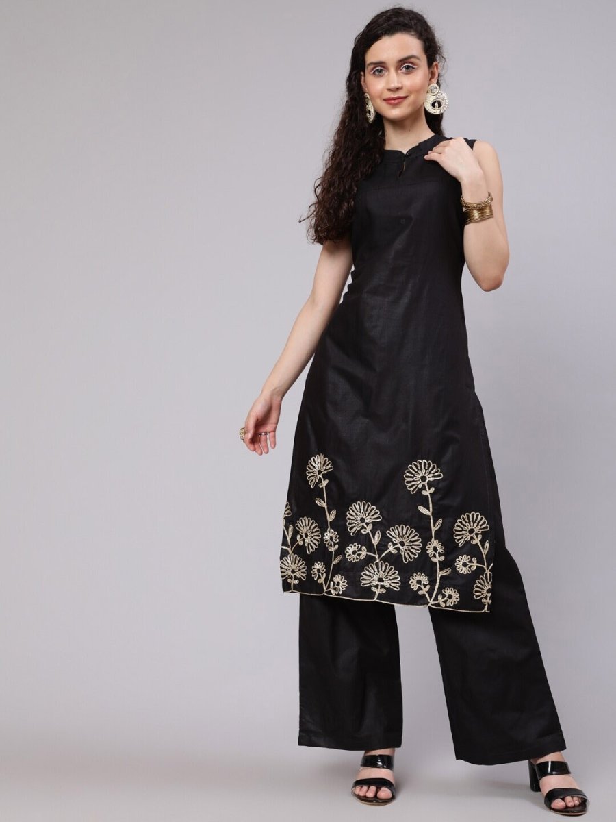 Aks Floral Embroidered Thread Work Straight Kurta With Palazzos | Grocsy