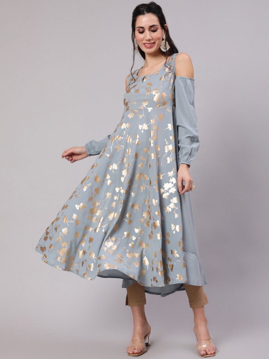 Aks Floral Printed Cold Shoulder Sleeves Pure Georgette Anarkali Kurta | Grocsy