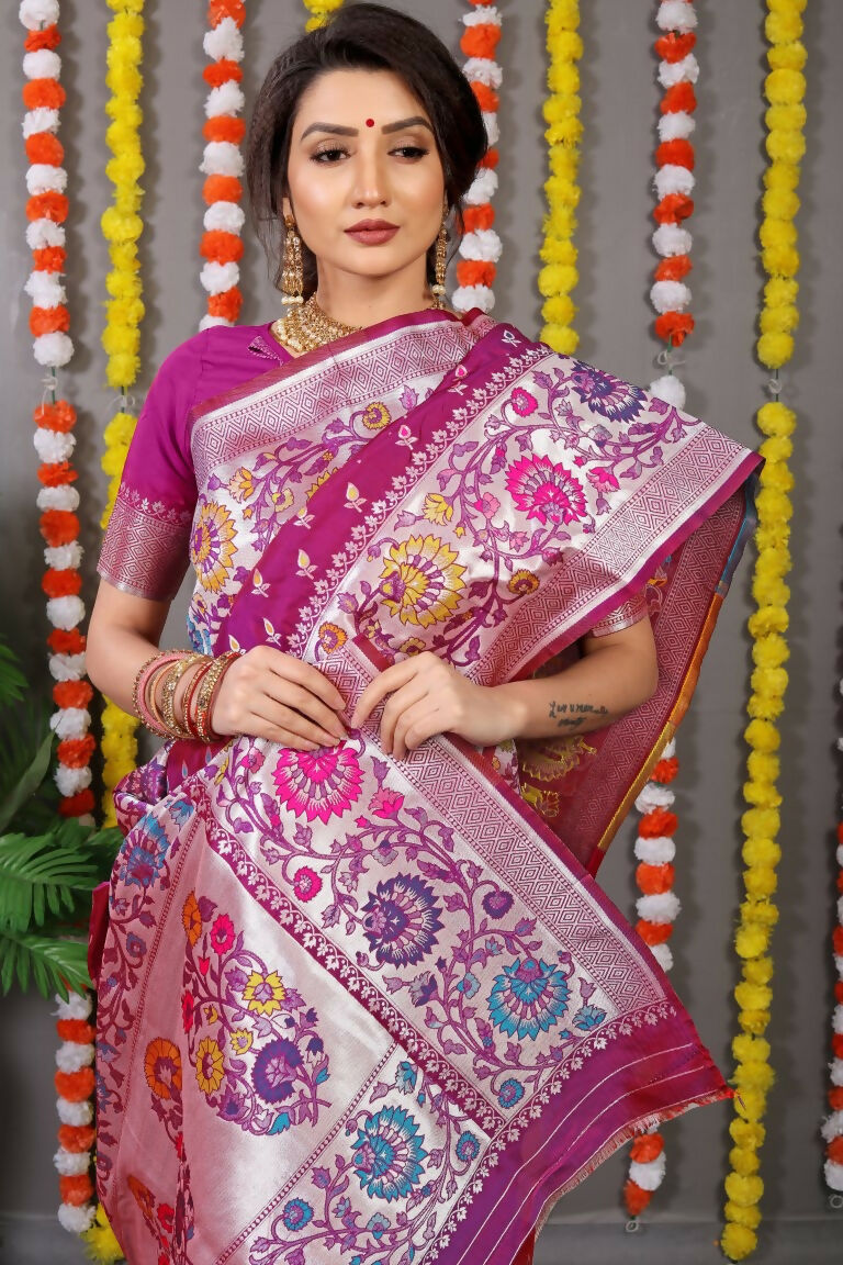 Jyoti Fashion Women's Magenta Banarasi Silk Zari Woven Saree with Blouse | Grocsy