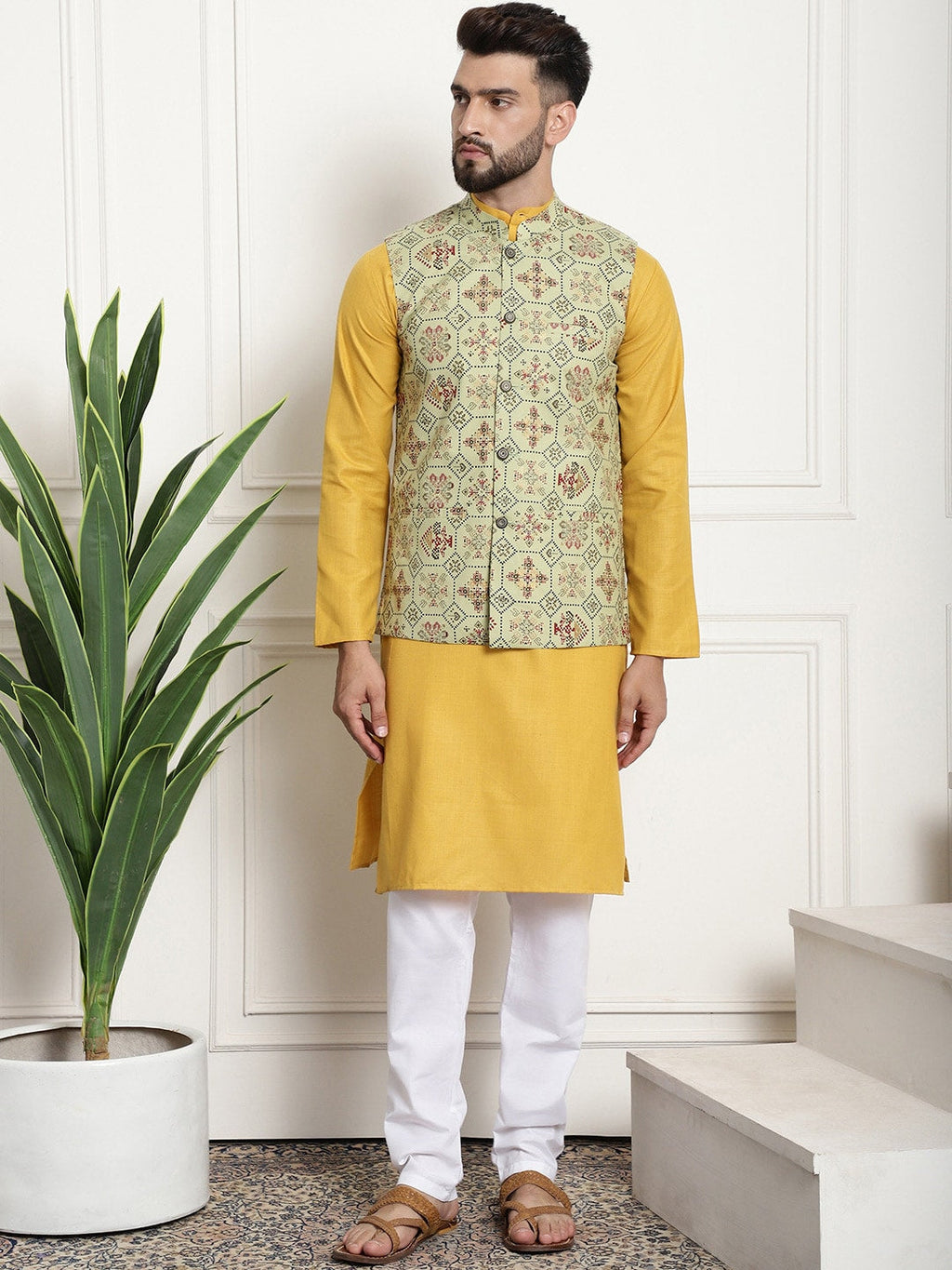 Sojanya Men Mustard Yellow Pure Cotton Kurta with Churidar & Nehru Jacket | Grocsy