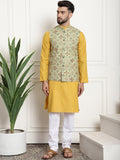 Sojanya Men Mustard Yellow Pure Cotton Kurta with Churidar & Nehru Jacket | Grocsy