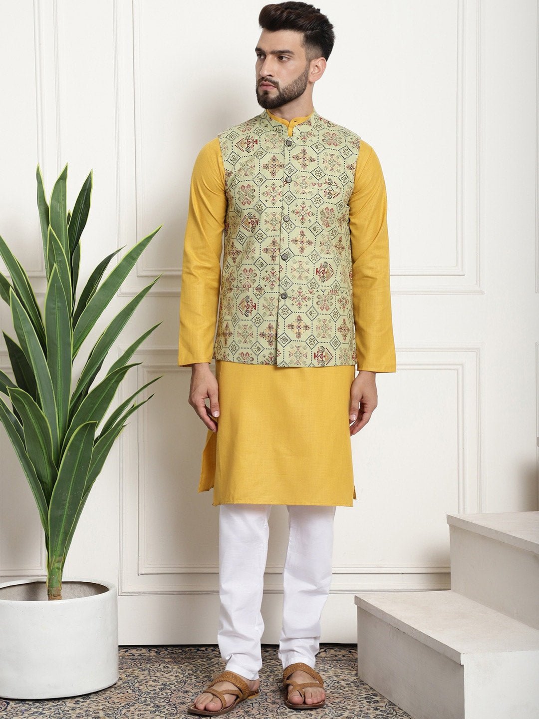 Sojanya Men Mustard Yellow Pure Cotton Kurta with Churidar & Nehru Jacket | Grocsy