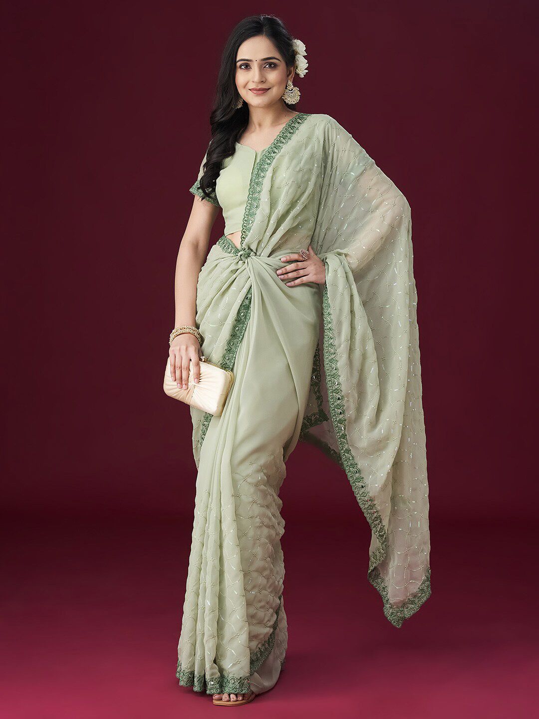 kasee Floral Embroidered Embellished Mirror Work Saree | Grocsy
