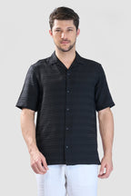 Xkind Black Horizontal Pleated Stripes Relaxed Fit Shirt | Grocsy