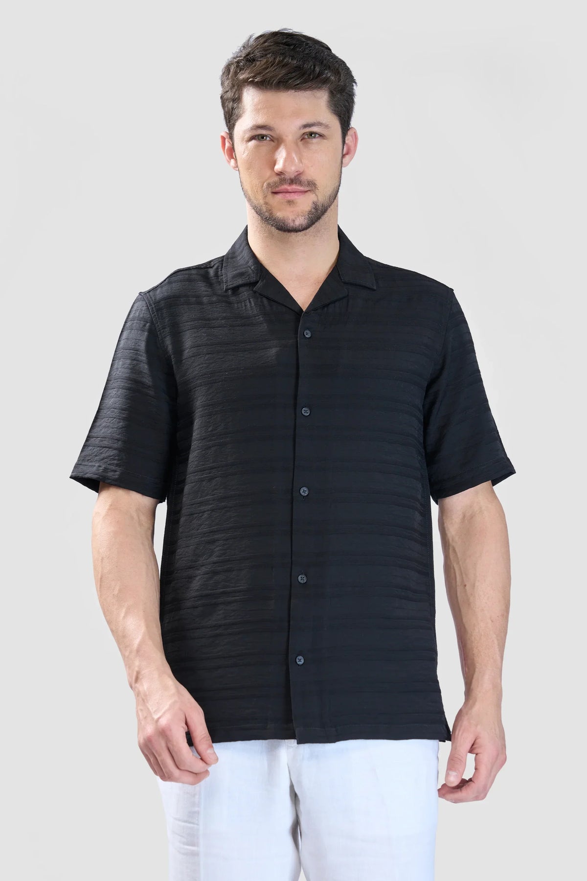 Xkind Black Horizontal Pleated Stripes Relaxed Fit Shirt | Grocsy