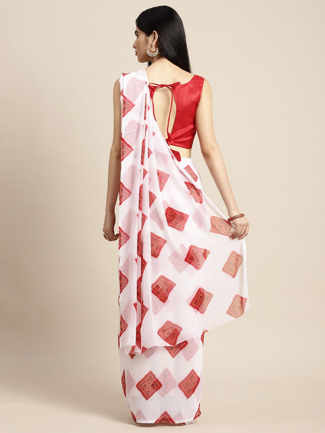 Saree Mall Women White & Red Printed Poly Chiffon Bandhani Saree With Matching Blouse | Grocsy