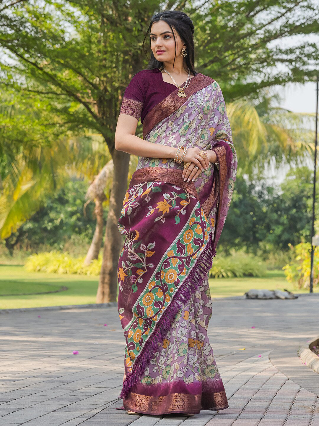 Tikhi Imli Floral Printed Zari Ready to Wear Saree | Grocsy