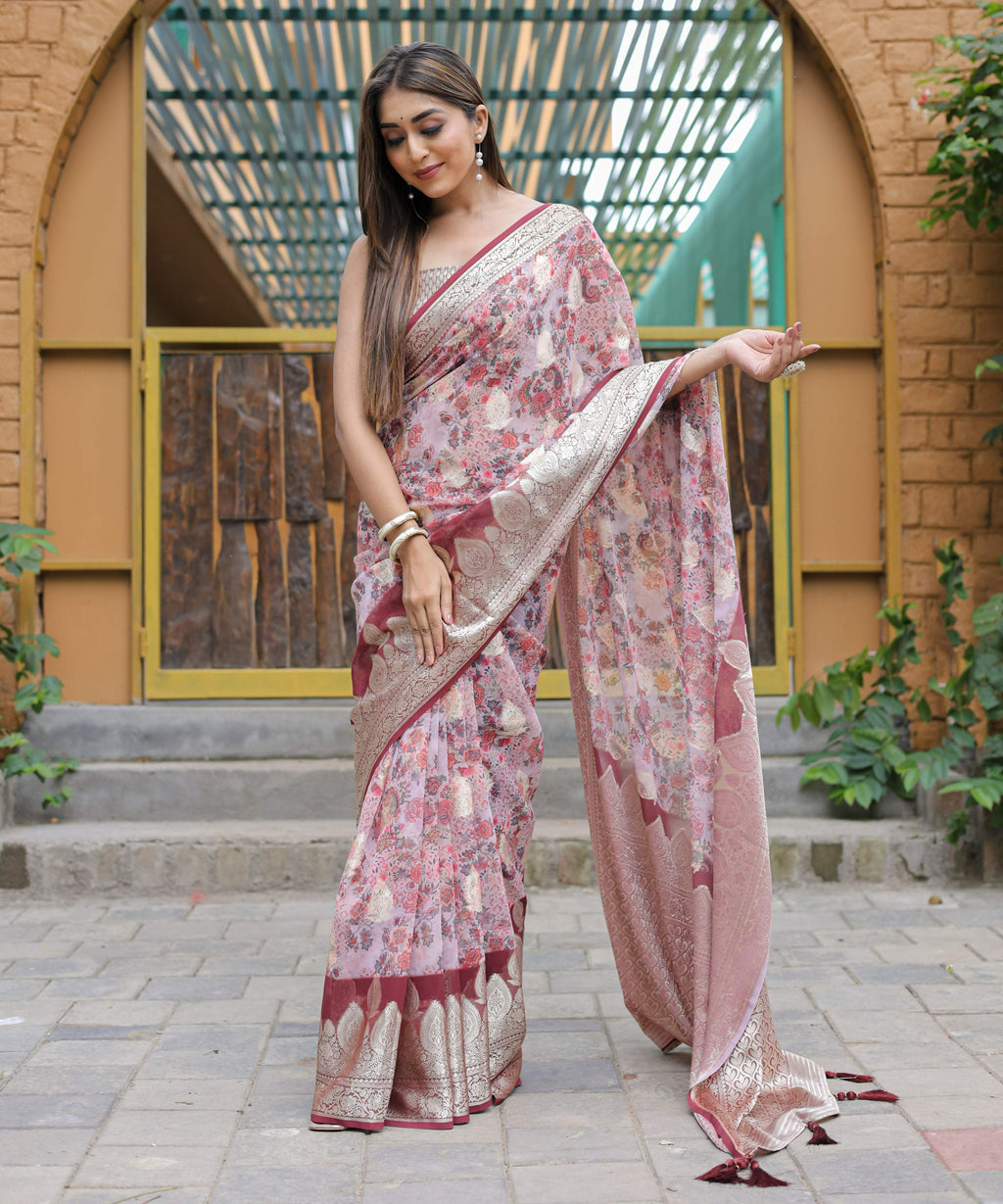 Vamsee Dhruvini Baby Pink Georgette Saree | Grocsy