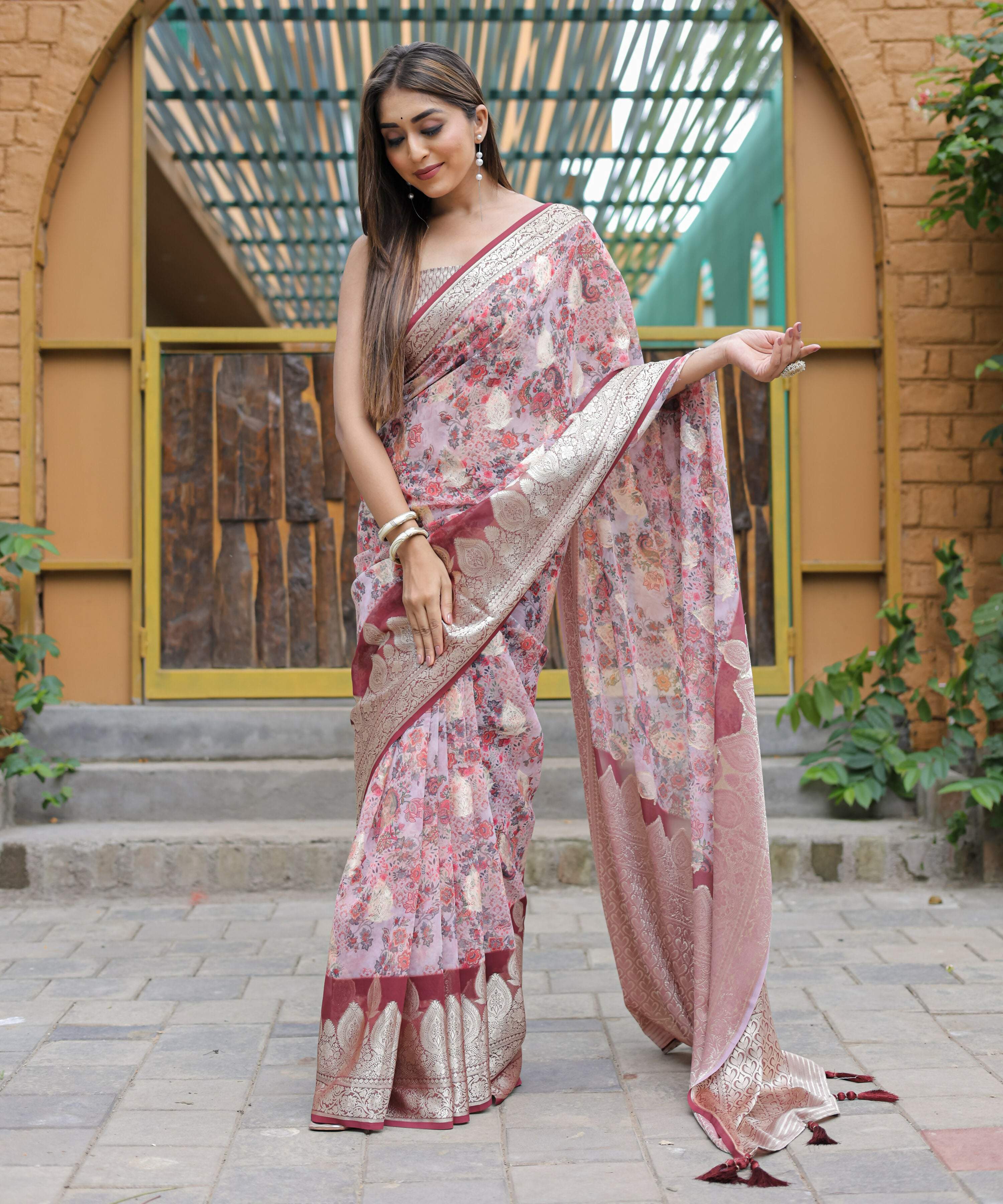 Vamsee Dhruvini Baby Pink Georgette Saree | Grocsy