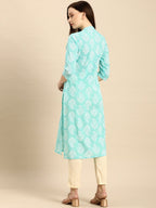 All About You Women Turquoise Blue & White Printed Pure Cotton Straight Kurta | Grocsy