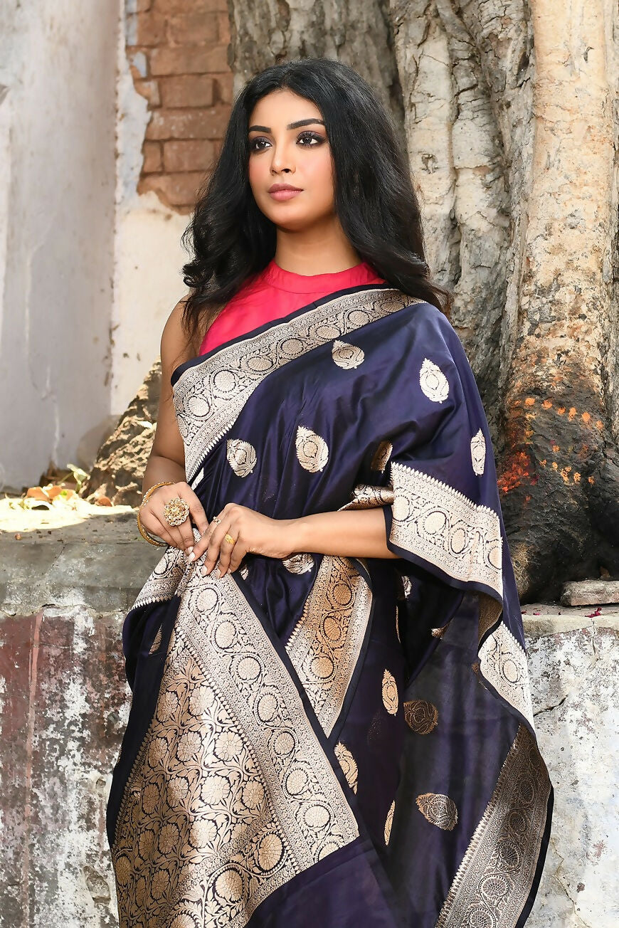 Joban Fashion Navy Blue Pure Katan Pure Handloom Banarasi Silk Saree | Grocsy