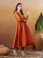 The52 Orange Women's Beautiful Vichitra Silk Fabric Embroidered Work Flared Anarkali Pant and Dupatta Set | Grocsy