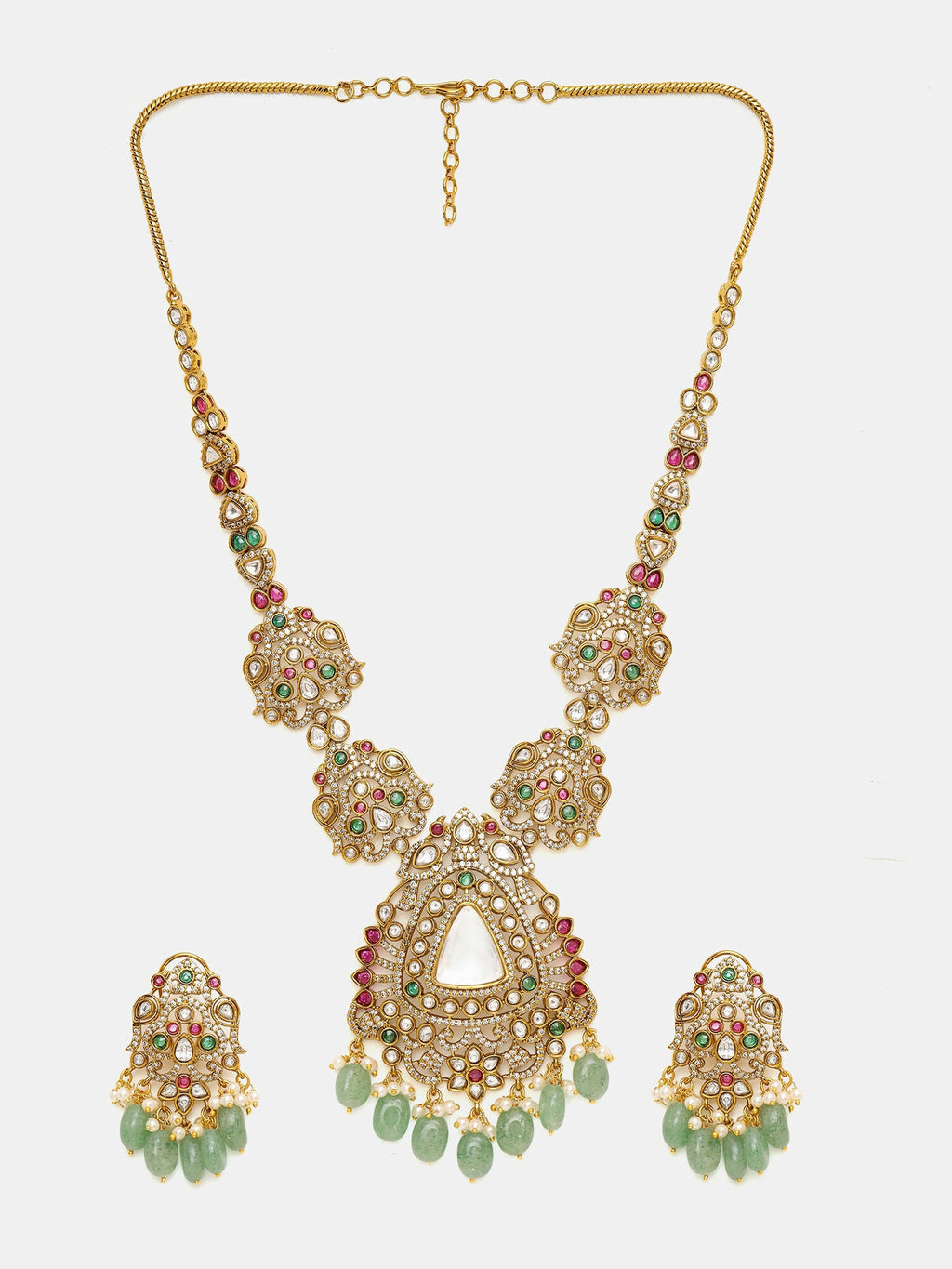 Ruby Raang 22k Gold Polished Long Kundan Heavy Maharani Necklace With Earrings | Grocsy