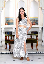 Miravan Women's White Animal Print Round Neck Top With Side Slit Skirt Co-Ord Set | Grocsy