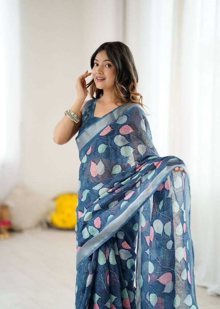 PR Fashion Dark_Blue Linen Patta Printed Saree | Grocsy
