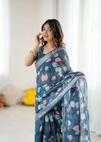 PR Fashion Dark_Blue Linen Patta Printed Saree | Grocsy