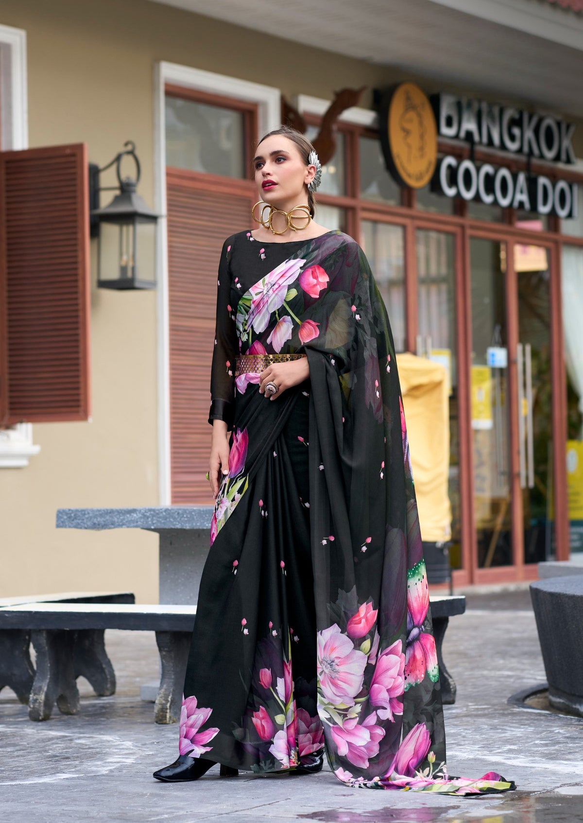 Anaita Black Designer Printed Pure Georgette Saree With Blouse | Grocsy