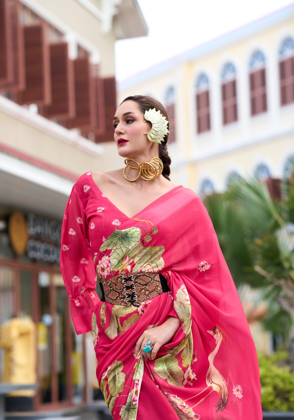 Anaita Pink Designer Printed Pure Georgette Saree With Blouse | Grocsy