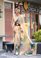 Anaita Cream Designer Printed Pure Georgette Saree With Blouse | Grocsy