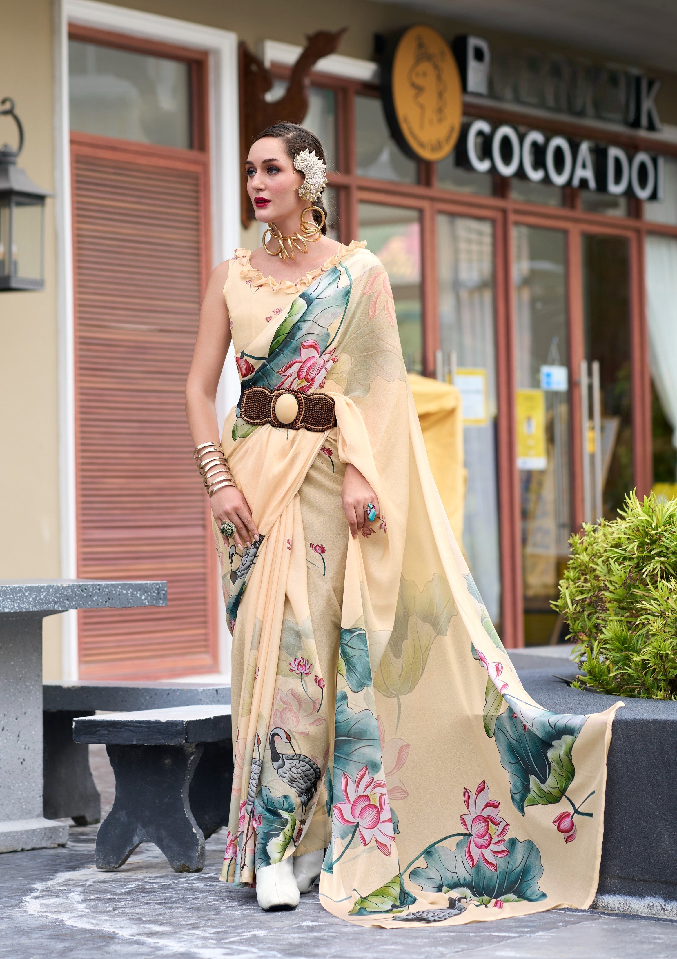 Anaita Cream Designer Printed Pure Georgette Saree With Blouse | Grocsy