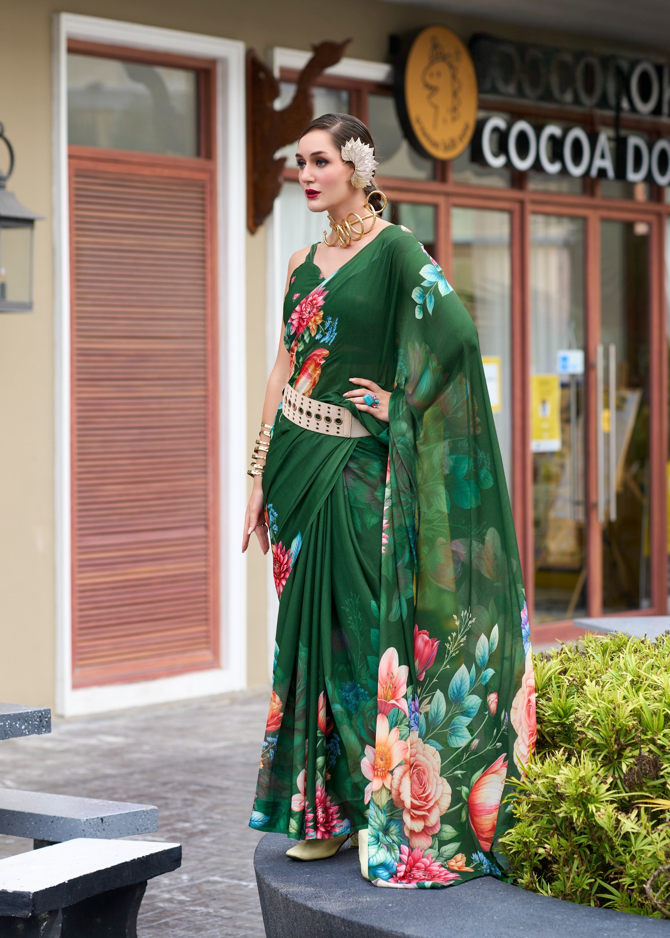 Anaita Dark Green Designer Printed Pure Georgette Saree With Blouse | Grocsy