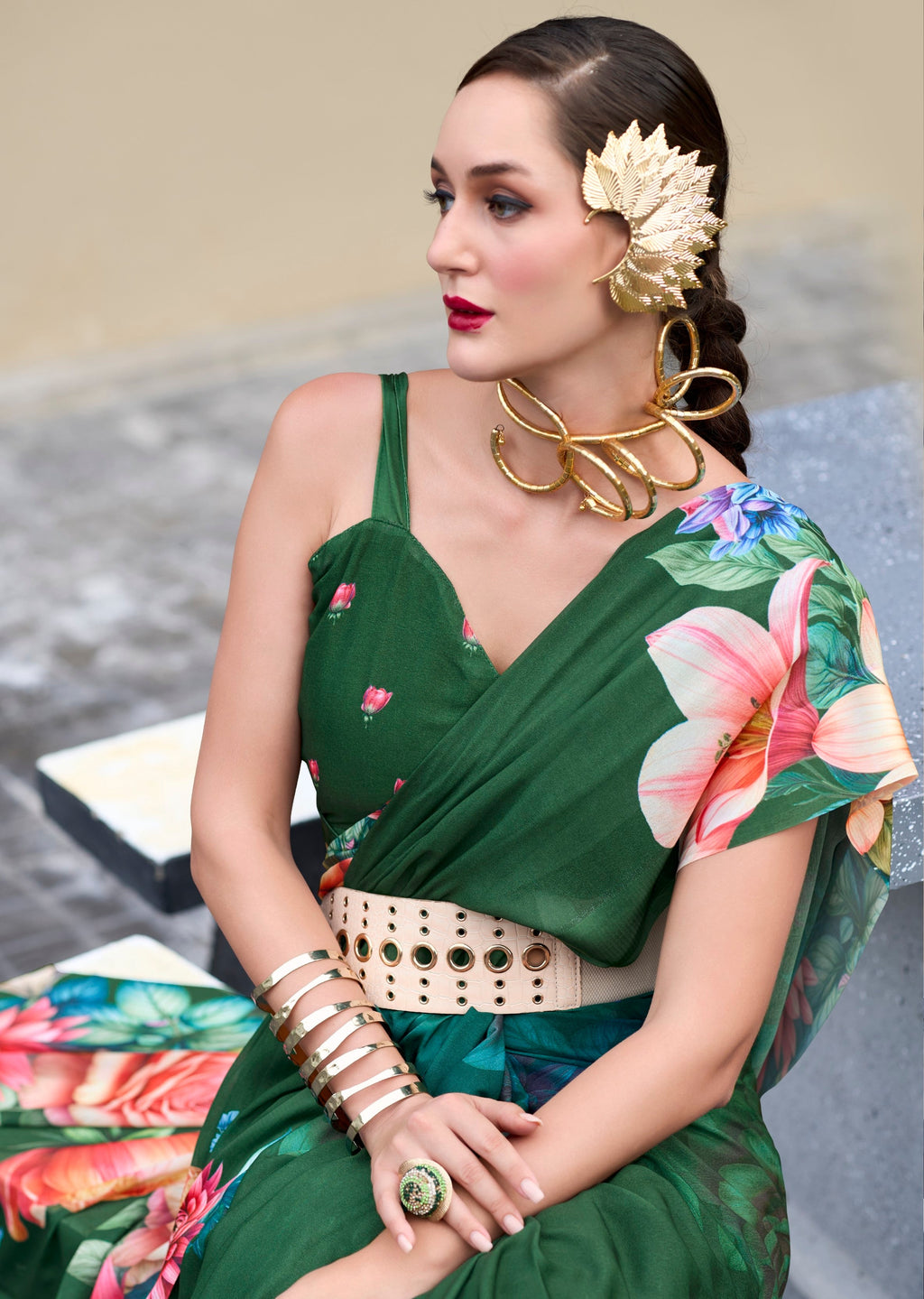 Anaita Dark Green Designer Printed Pure Georgette Saree With Blouse | Grocsy