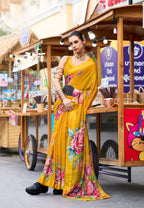 Anaita Mustard Designer Printed Pure Georgette Saree With Blouse | Grocsy