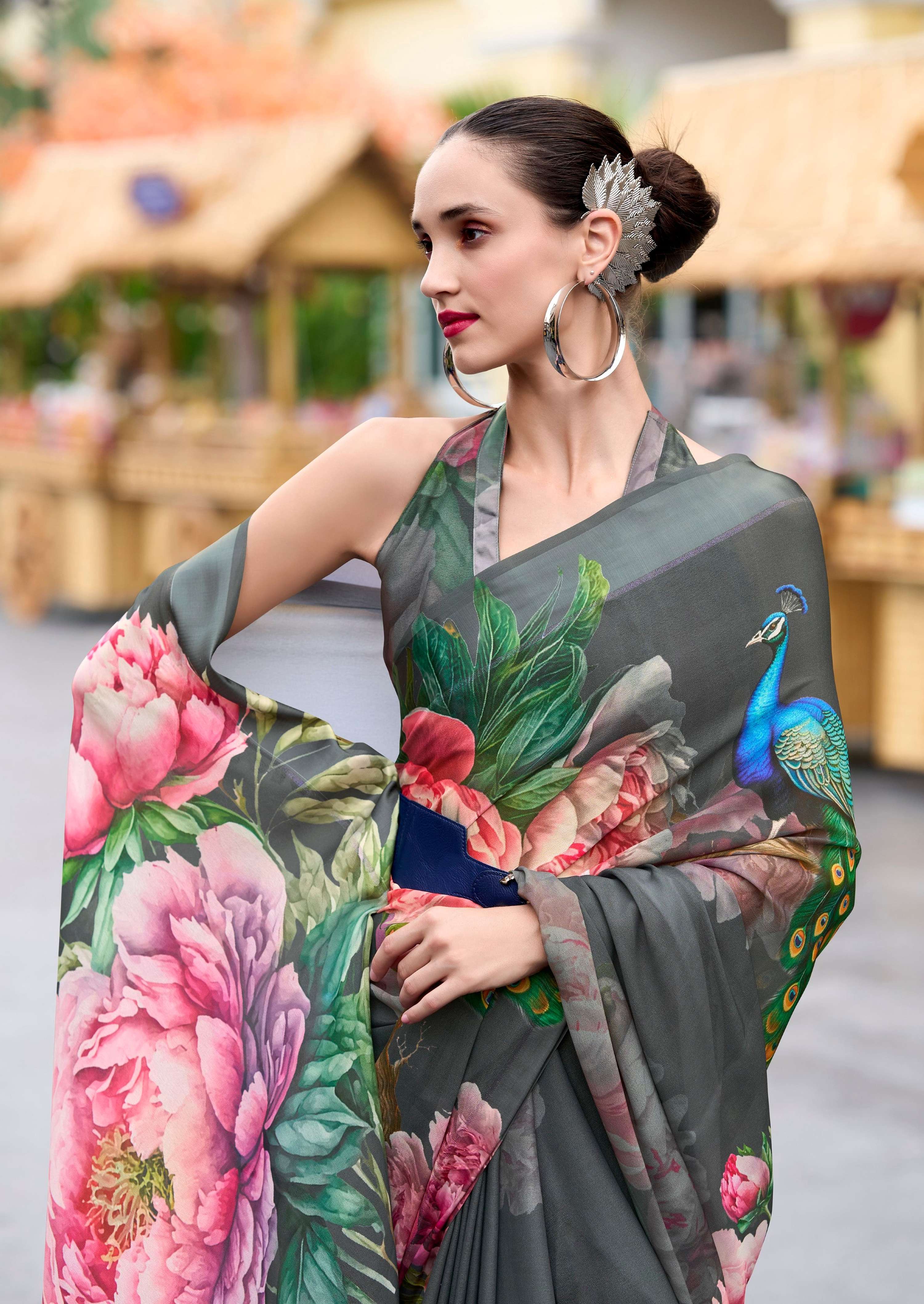 Anaita Grey Designer Printed Pure Georgette Saree With Blouse | Grocsy