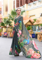 Anaita Grey Designer Printed Pure Georgette Saree With Blouse | Grocsy
