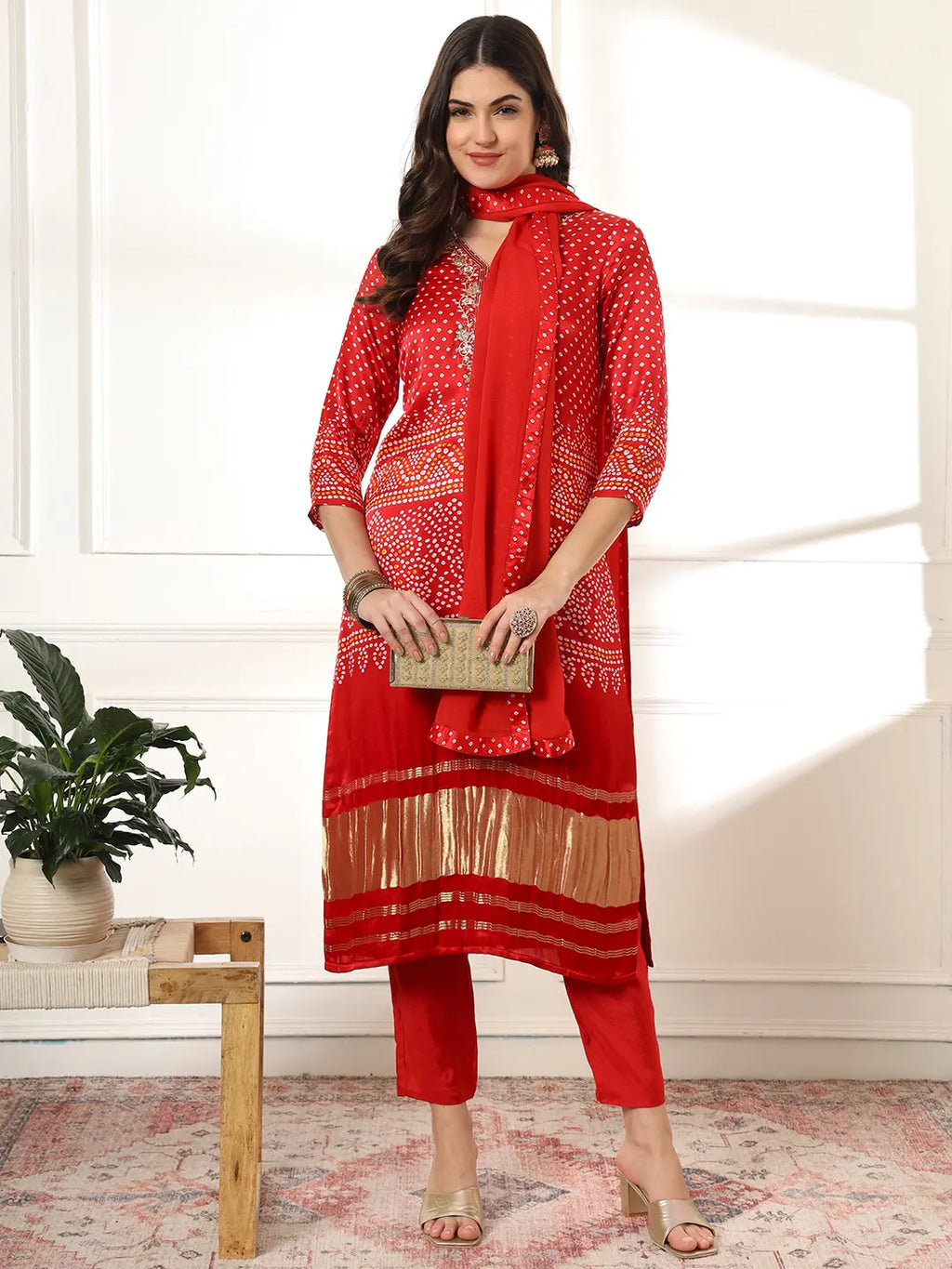 Yufta Red Gajji Silk Zari_Work Kurta Dupatta Pant Set | Grocsy