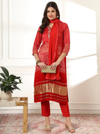 Yufta Red Gajji Silk Zari_Work Kurta Dupatta Pant Set | Grocsy