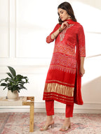 Yufta Red Gajji Silk Zari_Work Kurta Dupatta Pant Set | Grocsy