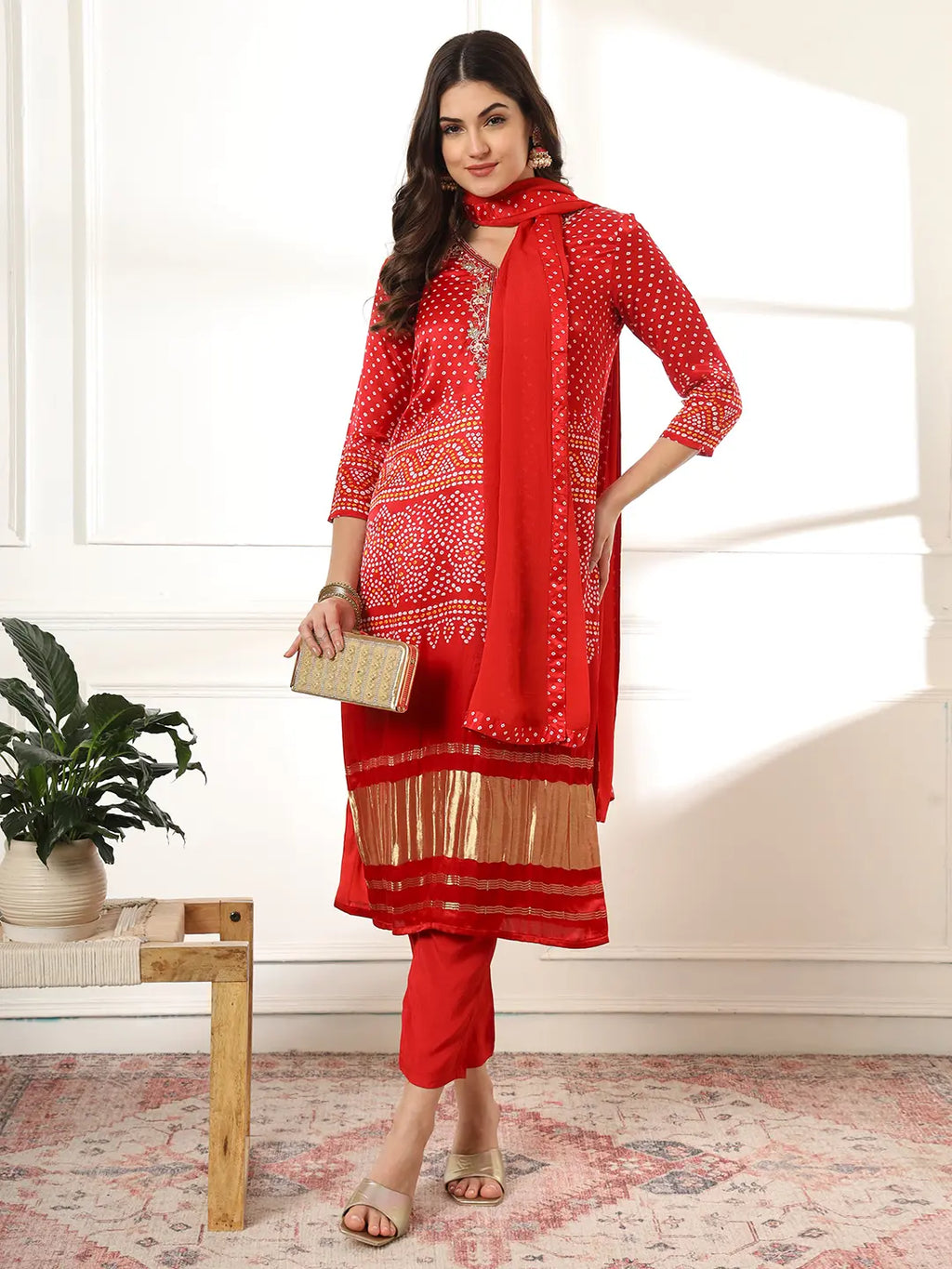 Yufta Red Gajji Silk Zari_Work Kurta Dupatta Pant Set | Grocsy